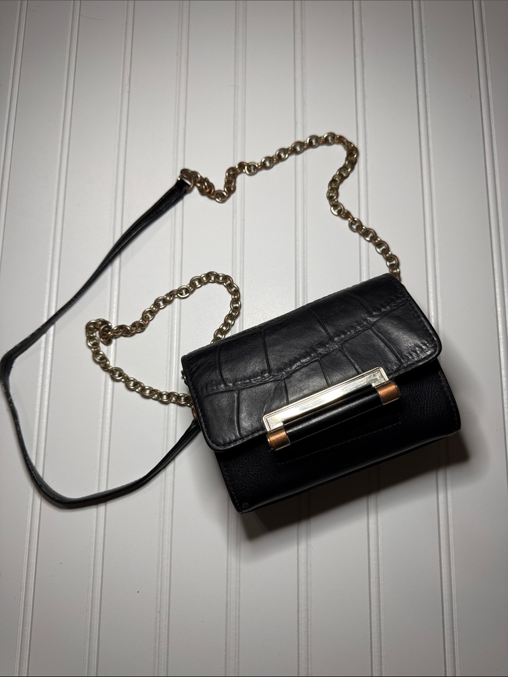 Diane Von Furstenberg croc print leather mini chain strap crossbody